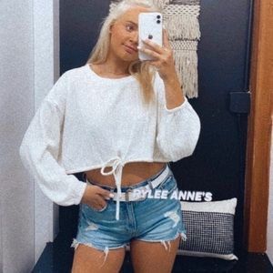 NWOT white striped knit cropped Crewneck long sleeve sweater with tie detail